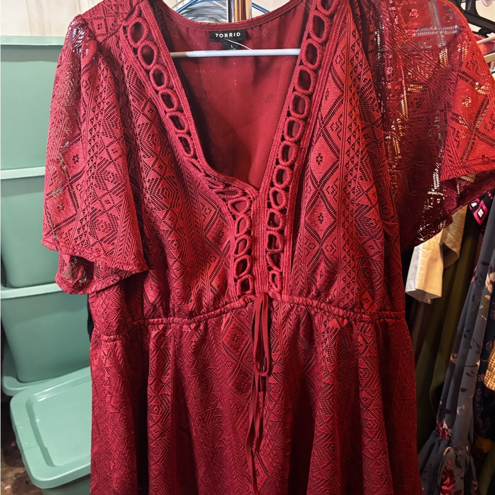 torrid red geometric lace top with loop trim